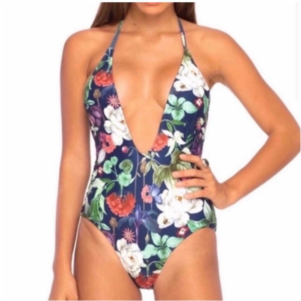 $80 NWT Motel sunny day botanical navy deep V one piece swimsuit sz M - Picture 1 of 3